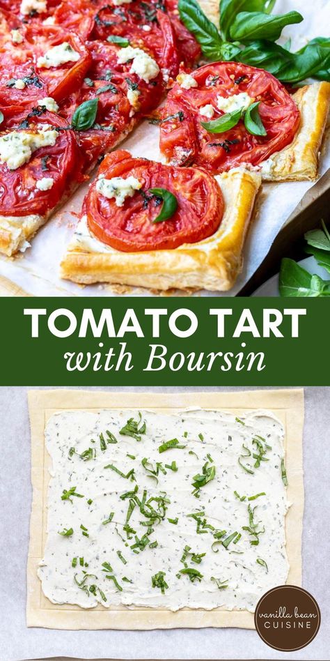 This Puff Pastry Tomato Tart blends the crunch of a flaky crust with the savory richness of baked tomatoes and the creamy flavor of Boursin cheese. Using just 6 ingredients and requiring only 15 minutes of prep, it’s a dish that brings the warmth of the French Riviera to your kitchen. Tomato Boursin Tart, Puff Pastry Tomato Tart Recipe, Quiche Tart Recipes, Boursin Tomato Puff Pastry, Savory Tarts Main Dishes, Tomato Puff Pastry Tart, Puff Pastry Tart Savory, Savoury Tart Recipes, Tomato Pastry