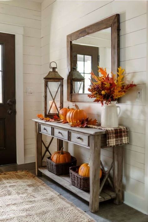 15+ Fall Entryway Decor Ideas for a Cozy Autumn Season Console Table Runner, Entrance Table Fall Decor, Cozy Fall Decor Ideas, Fall Hallway Decor, Entryway Table Fall Decor, Entryway Fall Decor Ideas, Fall Entry Table Decor Entryway, Fall Table Runner Decor, Console Table Fall Decor