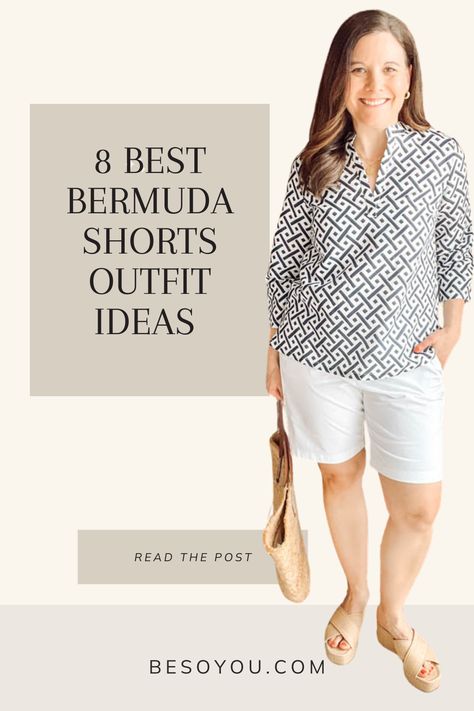 Learn the one styling tip to keep in mind when putting together Bermuda shorts outfits. See what shoes to wear with them and 8 cute outfits. Plus Size Bermuda Shorts Outfit, Shorts Over 50, Bermuda Shorts Outfit Women, Black Bermuda Shorts Outfit, How To Wear Bermuda Shorts, Bermuda Shorts Outfits, How To Style Bermuda Shorts, Bermuda Shorts Outfit, How To Wear Shirt