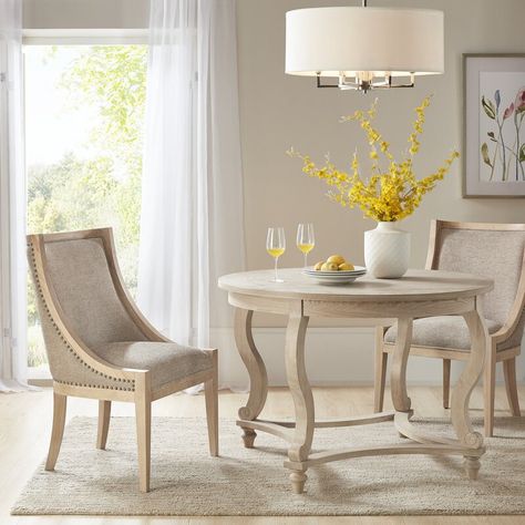 Martha Stewart Elmcrest Dining Table | Wayfair Linen Dining Chairs, Farmhouse Dining Chairs, Farmhouse Dining Table, Upholstered Side Chair, Upholstered Fabric, Wooden Dining Tables, Farmhouse Dining, Upholstered Seating, Nailhead Trim