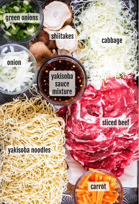 Beef Yakisoba is a quick stir fry of soba noodles, thinly sliced beef, and veggies in a savory Yakisoba Sauce. It starts with tender beef, cabbage, shiitake mushrooms, onions, and scallions. The veggies and meat are stir fried with noodles and then tossed with a savory-sweet yakisoba sauce made of Japanese-style Worcestershire sauce, soy sauce, oyster sauce, and other ingredients. Easy Yakisoba Noodles, Yakisoba Recipe Beef, Beef Soba Noodle Recipe, Steak Yakisoba Recipe, Japanese Yakisoba Recipe, Japanese Style Noodles, Ground Beef Yakisoba Recipe, Japanese Beef Recipes, Beef Yakisoba Recipe