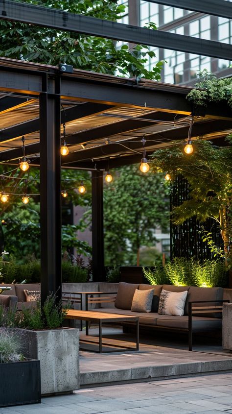 15 Stunning Pergola Patio Ideas You'll Fall In Love With - Planted Shack Grey Pergola Ideas, Pergola Modern Design, Pergola Patio Ideas, Dining Pavilion, Beautiful Pergola, Pergola Planter, Pool Shade, Metal Beam, Outdoor Canopy