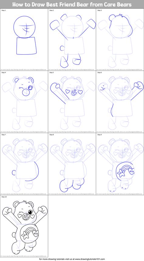 How to Draw Best Friend Bear from Care Bears (Care Bears) Step by Step | DrawingTutorials101.com How To Draw A Care Bear Step By Step, Learn Drawing, Care Bear, Care Bears, Cool Drawings, To Draw, Best Friend, Bears, Step By Step