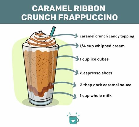 Caramel Ribbon Crunch Frappuccino Recipe, Caramel Ribbon Crunch Frappuccino, Ribbon Crunch Frappuccino, Caramel Ribbon Crunch, Coffee Bar Cart, Fun Drink Recipe, Starbucks Caramel, Frappuccino Recipe, Caramel Crunch