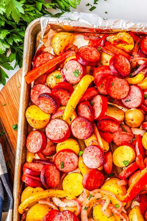 Sheet Pan Potatoes And Sausage, Sheet Pan Smoked Sausage And Veggies, Smoked Sausage Sheet Pan Dinner, Pan Sheet Meals, Sheet Pan Dinners Sausage, Sheet Pan Kielbasa, Sheet Pan Sausage And Potatoes, Smoked Sausage And Potato Bake, Sausage Potatoes And Peppers