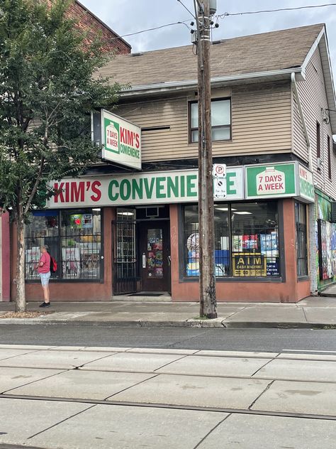 Convenience Store Exterior, Convince Store, Kim's Convenience, Bloxburg Building, Photoshop Ideas, Willow Creek, Downtown Toronto, Sims 4 Build, Slug