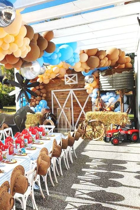 3rd Rodeo Party, Farm Style Birthday Party, Cowboy Farm Birthday Party, Farm Themed Birthday Party Table, Blue Farm Themed Birthday Party, Rustic Farm Party Decor, 1st Bday Cowboy Theme, Farmhouse Birthday Party Decorations, Barnyard Decorations Farm Theme