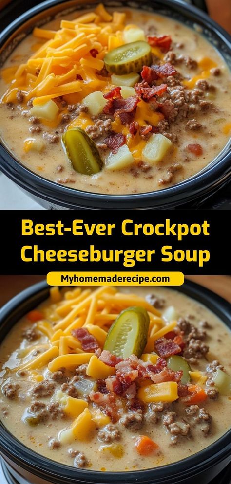 This cheeseburger soup is creamy, cheesy, and filled with ground beef and potatoes. All the flavors of a cheeseburger in a comforting bowl! Ingredients: 1 lb ground beef, cooked 4 cups chicken broth 1 cup diced potatoes 1 cup shredded cheddar cheese Serve this soup topped with bacon bits and extra cheese Crockpot Cheeseburger Soup, Chicken Soup Recipes Crockpot, Crockpot Cheeseburger, Cheeseburger Soup Crockpot, Cheeseburger Soup Recipe, Ground Beef Crockpot Recipes, Hearty Chicken Soup, Bowl Ingredients, Cozy Dinners