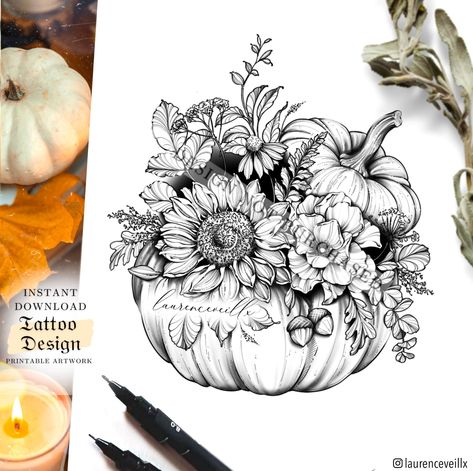 Autumn Tattoo Ideas, Tattoo Design For Women, Pumpkin Tattoo, Autumn Tattoo, Stencil Outline, Pumpkin Sunflower, O Tattoo, Star Tattoo Designs, Tattoo Zeichnungen