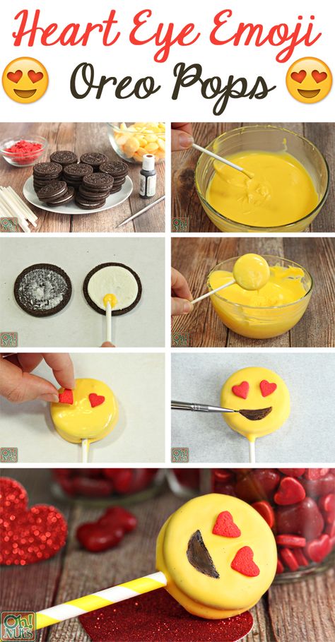 How to Make Heart Eye Emoji Oreo Pops | From OhNuts.com Party Emoji, Emoji Cake, Emoji Birthday Party, Heart Eye, Emoji Party, Emoji Birthday, Oreo Pops, Valentines Day Treats, Smiley Faces