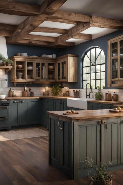 Vintage Charm: Top Farmhouse Kitchen Cabinet Paint Colors Farmhouse Style Kitchen Cabinets, Painted Kitchen Cabinets Colors, Rustic Kitchen Cabinets, Farmhouse Kitchen Cabinets, Kitchen Cabinet Styles, Cabin Kitchens, Rustic Kitchen Design, Farmhouse Kitchen Design, Farmhouse Style Kitchen