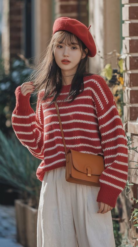 Embrace the vibrant energy of autumn with this red and white striped sweater, perfectly paired with loose white pants and a chic red beret. This outfit is not only comfortable but also makes you stand out in the crowd. Let's enjoy the warmth and beauty of this season together!🍁 Red Beret, White Striped Sweater, Vibrant Energy, Striped Sweater, White Pants, Winter Outfit, Striped Shirt, Winter Outfits, Red And White