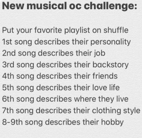 Musical Oc Challenge, Musical Oc, Mad Tsai, Lyn Lapid, Music Challenge, Alec Benjamin, Coi Leray, Little Miss Perfect, Writing Inspiration Tips