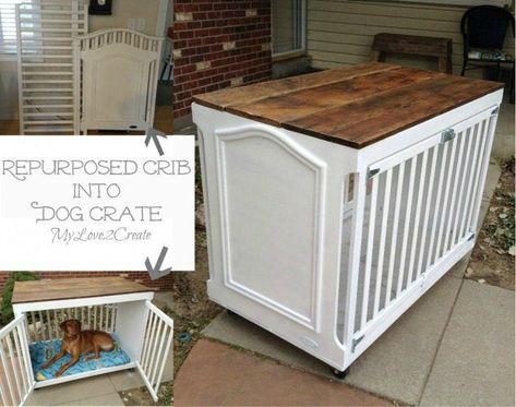 Repurposed Crib into Dog Crate #MyRepurposedLife #repurposed #furniture #dog #crate #diy #project Recycler Diy, Old Baby Cribs, Old Cribs, Muebles Shabby Chic, Diy Dog Crate, Diy Dog Kennel, Dog Pillow Bed, Ideas Hogar, Old Furniture