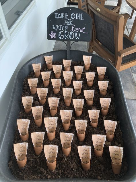 Let Love Grow sunflower seed packets in wheelbarrow/ Bridal Shower Bunnings Party Ideas, Rooted In Love Bridal Shower Theme, Farmers Market Themed Bridal Shower Ideas, Farmers Market Bridal Shower Ideas, Let Love Grow Bridal Shower Theme, Farmers Market Bridal Shower Theme, Off The Market Bridal Shower Theme, Let Love Grow Wedding Favors, Sunflower Seed Packets