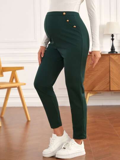 Maternity Trousers, Shein Maternity, Fall Maternity, Maternity Pants, Maternity Clothing, Button Detail, Spring And Fall, Maternity Clothes, Dark Green