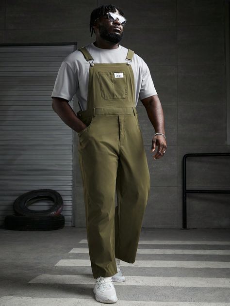 Olive Green Casual Collar Sleeveless Woven Fabric Letter  Embellished Non-Stretch  Men Plus Size Clothing Taurus Male, Plus Size Two Piece Outfit, Male Aesthetic, Taurus Man, Overall Jumpsuit, Fabric Letters, Men Plus Size, Two Piece Outfit, Plus Size Clothing