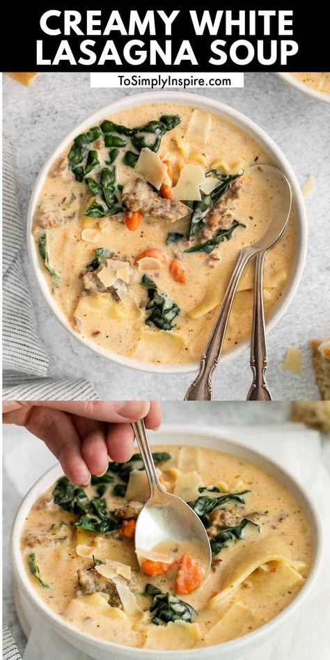 Sausage And Noodle Soup, White Lasagna Soup With Sausage, Broccoli Cheddar Lasagna Soup, Italian Sausage Recipes Soup, Creamy White Lasagna Soup, Spinach Meals, Sausage Lasagna Soup, White Lasagna Soup, Lemon Lasagna