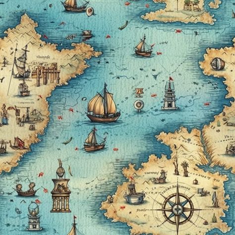 This incredible digital download features an antique treasure map with a seamless tile background. Printed on high-quality paper, the artwork is a beautiful representation of classic pirate lore.  More designs available here: https://oneonionfactory.etsy.com Perfect for crafting enthusiasts or anyone who appreciates high-quality image art, this clip art is a must-have. The intricate details of the map make it a great addition to any collection, and the seamless tile background adds a touch of el Pirate Treasure Map Printable, Treasure Map Aesthetic, Map Illustration Design Graphics, Treasure Map Illustration, Pirate Map, Tile Background, Ancient Map, Pirate Treasure Maps, Map Artwork