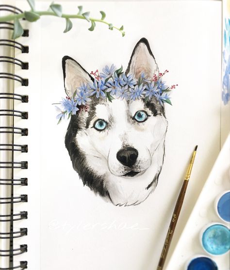 Husky Watercolor Painting, Husky Watercolor, Flower Vase Drawing, Flower Illustration Pattern, Dog Watercolor Painting, Flowers Crown, Calla Lily Flowers, New Flowers, Flower Tattoo Sleeve