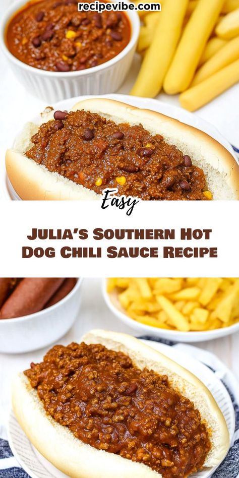 Elevate your hot dog game with Julia’s Southern Hot Dog Chili Sauce Recipe! This savory blend of spices, ground meat, and tomatoes delivers a burst of flavor in every bite. Ideal for summer cookouts or cozy nights in, it’s a simple yet delicious addition to your chili recipes collection! Southern Hot Dog Chili, Chili Dog Sauce Recipe, Best Hot Dog Chili Recipe, Hot Dog Game, Hot Dog Chili Sauce Recipe, Chili Dog Sauce, Chili Dog Chili Recipe, Easy Chili Recipe Crockpot, Hotdog Chili Recipe