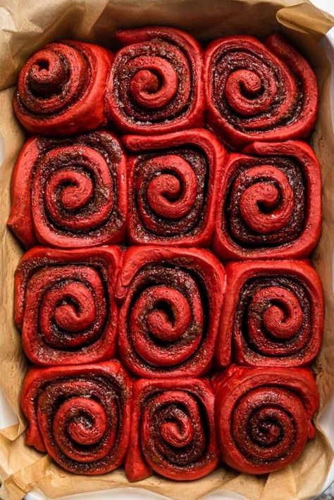 We are merging our softest, fluffiest dough with red velvet cake flavors for these epic vegan red velvet cinnamon rolls! Vegan Red Velvet Desserts, Red Velvet Cinnamon Rolls Sourdough, Vegan Strawberry Cinnamon Rolls, Redvelvet Cake Roll, Sweet Red Bean Bun, Vegan Orange Cinnamon Rolls, Red Velvet Cinnamon Rolls, Vegan Red Velvet Cake, Vegan Red Velvet