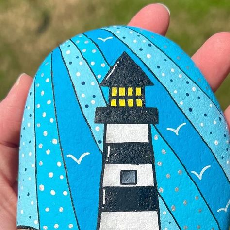 Painted Rock Lighthouse, Sailboat Rock Painting, Rock Painting Lighthouse, Beach Theme Painted Rocks, Happy Stone, Rock Faces, Happy Rock, Beach Art Painting, Lighthouse Painting