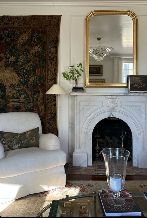 Nyc Apartment Fireplace, Dresser Next To Fireplace, Armchair Nook, Apartment Fireplace, English Basement, Georgian Cottage, Serene Interior, French Style Homes, Timeless Interiors