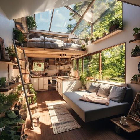 Tiny home Arizona Tiny House, Tiny Home Open Floor Plan, Tiny House Design Loft, Japandi Tiny House, Bohemian Tiny House, Best Tiny House Designs, Tiny Home With Loft, Japanese Style Tiny House, Cute Tiny House