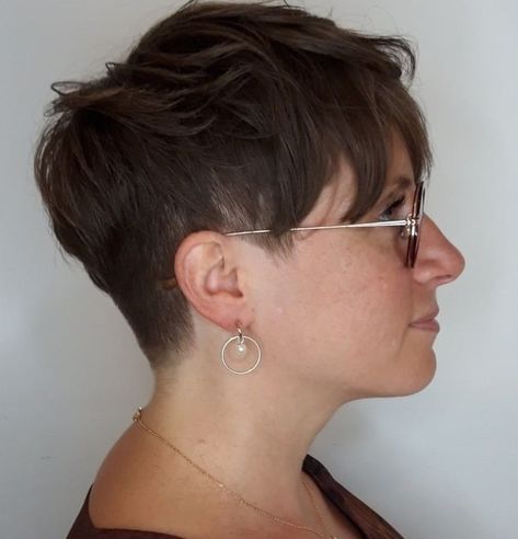 Textured Pixie with Undercut for Thick Brown Hair Undercut Pixie For Thick Hair, Pixie Square Face, Pixies For Thick Hair, Pixie Hairstyles For Thick Hair, Pixie For Thick Hair, Voluminous Bangs, Messy Layers, The Undercut, Classic Pixie