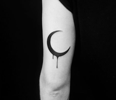 Black Moon tattoo by Roy Tsour | Photo 24359 Dripping Moon Tattoo, Blackwork Moon Tattoo, Crescent Moon Tattoo Men, Mens Moon Tattoo, Dark Moon Tattoo Design, Moon Tattoo For Men, Gothic Moon Tattoo, Moon Forearm Tattoo, Dark Moon Tattoo