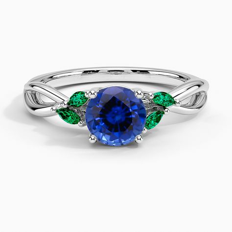 Sapphire Willow Ring With Lab Emerald Accents in Platinum Trellis Ring, Dainty Engagement Rings, Emerald Wedding Rings, Round Sapphire, Lab Created Emerald, White Gold Sapphire, Detailed Ring, Emerald Engagement Ring, Precious Metal