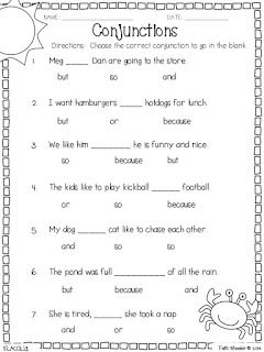 Nice worksheets for targeting conjunctions :) Conjunctions Worksheet, Compound Sentences, 1st Grade Writing, First Grade Worksheets, First Grade Writing, English Grammar Worksheets, Nouns And Verbs, Teacher's Blog, 2nd Grade Worksheets