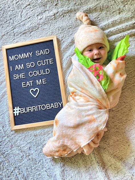 Baby Burrito Photoshoot, Baby Burrito Costume, Burrito Costume, Milestone Photoshoot, Old Halloween Costumes, Monthly Baby Pictures, Monthly Baby, Baby Costume, Monthly Photos