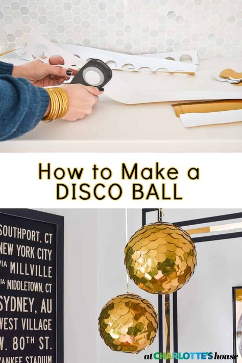 Who doesn't love a disco ball? These budget friendly DIY disco balls are an easy hand made craft project and the results are festive and fun! Diy Disco Ball Backdrop, How To Make A Disco Ball Diy, Diy Disco Party Decorations, Disco Brunch, Make A Disco Ball, Desert Disco, Diy Disco Ball, Gold Disco Ball, Christmas Disco