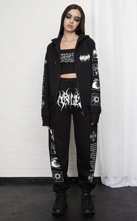 Sanctus Sweatpants-Mary Wyatt-Tragic Beautiful Black Metal Font, Gothic Hoodies, Street Goth, Metal Font, Fashion Australia, Latin Phrases, Tactical Clothing, Cord Ends, North London