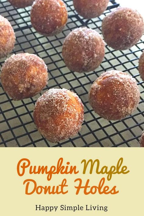 Pumpkin Maple Donut Holes Recipe | Happy Simple Living Donut Hole Recipe Baked, Donut Holes Recipe, Pumpkin Spice Donut Holes, Cinnamon Sugar Donut Holes, Pumpkin Donut Holes, Donut Hole Recipe, Maple Donuts, Pumpkin Donut, Protein Vegetables