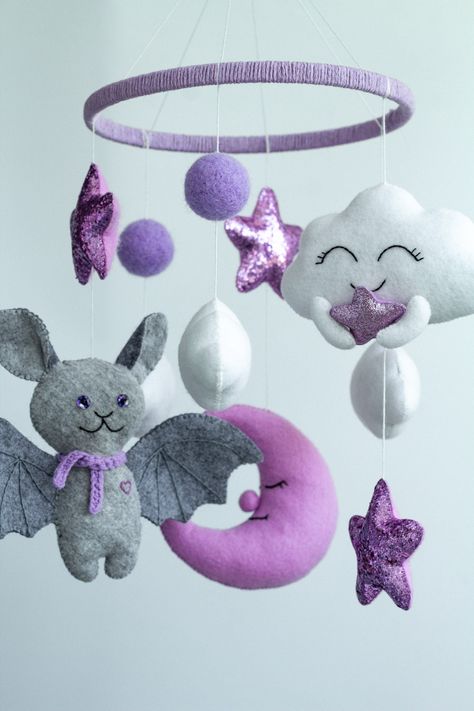 Bat Nursery, Purple Baby Rooms, Moon Crib, Stars Mobile, Gothic Baby, Purple Nursery, Diy Baby Mobile, Goth Baby, Baby Bats