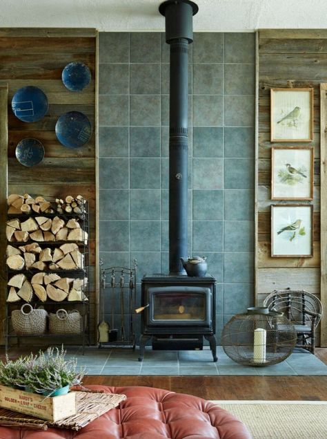 See inside a designer's boho inspired summer retreat on a Canadian lake Tile Wood Burning Stove, Wood Burning Stove Corner, Garage Redesign, Wood Stove Surround, Foyer Room, Wood Stove Hearth, Wood Burning Stoves Living Room, Stone Hearth, Cabin Getaway