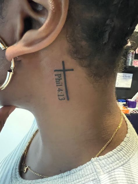 a small cross tattoo with favorite bible verse behind the ear/ side of neck Cross Tattoos With Bible Verse, Cross Ear Tattoo, Cross Behind Ear, Cross Behind Ear Tattoo, Small Cross Tattoo, Favorite Bible Verse, Bible Verse Tattoos, Verse Tattoos, Cross Tattoos For Women