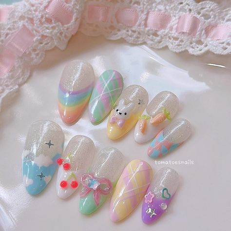 Rainbow Bunny🌈🐰 Spring color palette 𐙚🎨 This has to be one of my favorite pastel nails that I ever made! I enjoy making cute core nails… | Instagram Pastel Rainbow Nails, Colorful Manicure, Pineapple Nails, Bunny Custom, Kawaii Rainbow, Bunny Nails, Custom Press On Nails, Spring Color Palette, Cute Spring Nails