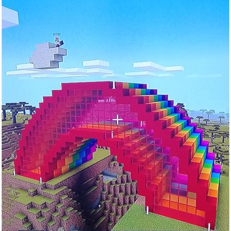 Designed a rainbow house on minecraft with my sister. Complete with a 'secret' entrance in the floor! Now, where's that pot of gold... 🤔 Pride Minecraft Builds, Minecraft Rainbow House, Rainbow Minecraft Builds, Minecraft Secret Entrance, Minecraft Rainbow Builds, Disney Minecraft Builds, Minecraft Entrance Ideas, Cute Things To Build In Minecraft, Minecraft Sky