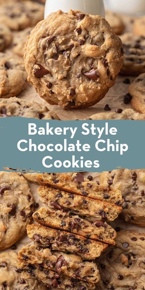 These bakery style chocolate chip cookies are super thick, soft, and delicious! They're incredibly easy to make too - no mixer required! Bakery Style Chocolate Chip Cookies, Live Well Bake Often, Eggless Chocolate Chip Cookies, Classic Cookies Recipes, Cookie Bakery, Cookie Brownie Bars, Choc Chip Cookies, Best Chocolate Chip Cookie, Classic Cookies