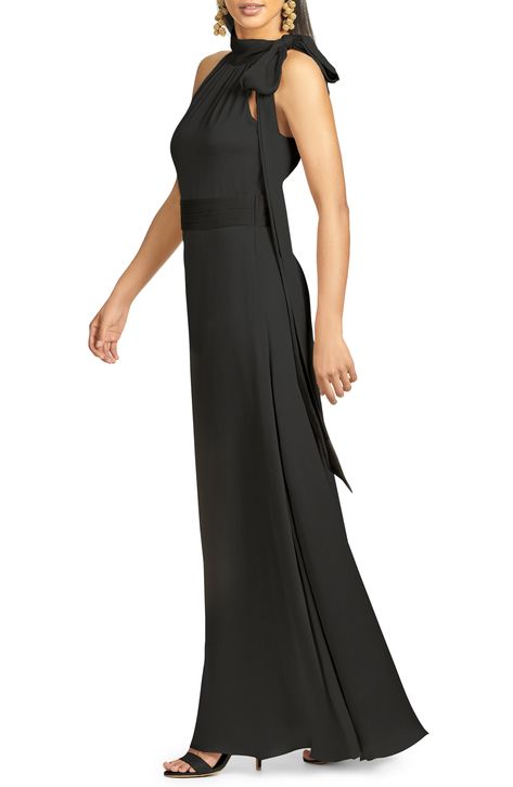 A satin tie at the neck and a sash at the waist add elevated elegance to this flowy formal gown you'll feel gorgeous in at your next event. 62" length Halter neck Sleeveless, with cutaway shoulders Lined 100% polyester Dry clean Imported Asian Owned/Founded Evening Gowns Formal Classy Elegant, Summer Mother Of The Bride Dresses, Dresses Formal Elegant, Halter Gown, Elegant Maxi Dress, Mob Dresses, Evening Gowns Elegant, Mom Dress, Bride Clothes