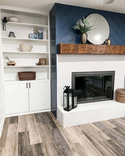 White Penny Tile Fireplace with Hearth - Soul & Lane Tile Fireplace With Hearth, Vertical Tile Fireplace, Penny Tile Fireplace, Diagonal Shiplap, Penny Tile Patterns, Herringbone Fireplace Tile, Fireplace With Hearth, White Penny Tile, Fireplace Tile Ideas