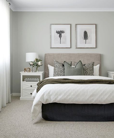 sage green bedroom with two artworks above bed and white hamptons bedside table Wall Decor For Neutral Bedroom, Frames Above Bed, Aesthetic Home Interior, Bedroom Art Above Bed, Gold Bedroom Decor, Interior Decorating Ideas, Sage Green Bedroom, White Bed Frame, Above Bed Decor