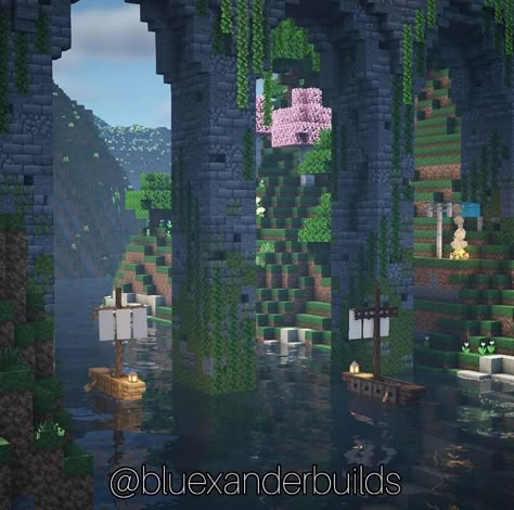 Minecraft Cave Bridge Ideas, Minecraft Cliff Bridge, Minecraft Bridge Large, Minecraft Cliffside Base, Minecraft Water Feature, Enchanted Minecraft Builds, Big Bridge Minecraft, Cliff Side Minecraft House, Minecraft Aqueduct