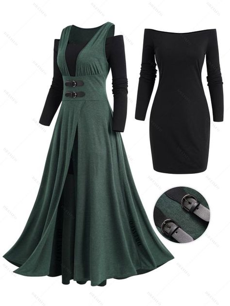 [38% OFF] 2024 Low Cut High Waist Longline Top And Off The Shoulder Long Sleeve Mini Dress Colorblock Two Piece Set In DEEP GREEN | DressLily Cute Casual Outfit, Magical Dress, Chique Outfit, Elegante Y Chic, Cheap Dresses Casual, 파티 드레스, Off The Shoulder Long Sleeve, Chic Outfit, Women Wedding Guest Dresses