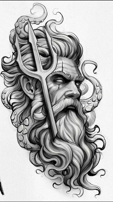 Poseidon Tattoo Stencil, Greek God Sketch, Odysseus Tattoo, Poseidon Drawing, Bio Organic Tattoo, Poseidon Tattoo, Zeus Tattoo, Organic Tattoo, Chicano Style Tattoo