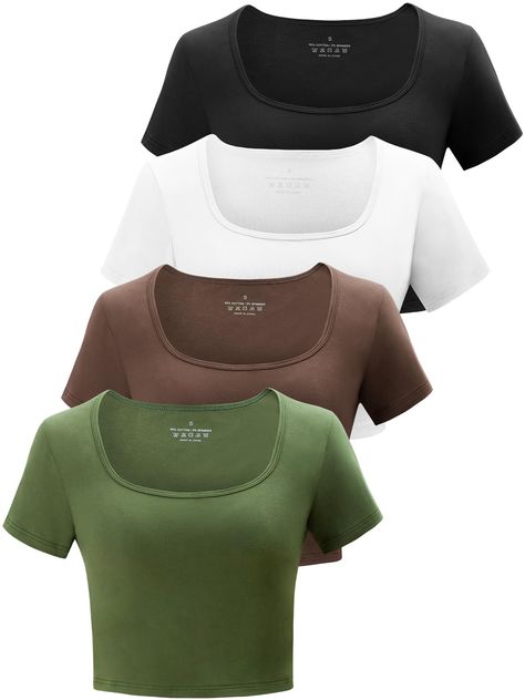 PRICES MAY VARY. High quality cotton fabric - This workout crop tops for women is made of 95% cotton and 5% spandex fabric, ensuring the perfect combination of comfort and durability. The cotton fabric has excellent breathability and moisture-wicking properties, keeping you slim fitted and comfortable, while the addition of spandex makes the garment more elastic and durable. Trendy square neck design - This basic tops for women trendy features a high-neck round collar and minimalist design, show Workout T Shirts For Women, Amazon Crop Tops, Basic Tops For Women, Basic Crop Tops, Crop Tops For Women, Tops Trendy, Workout Tops For Women, Women Workout, Workout Crop Top